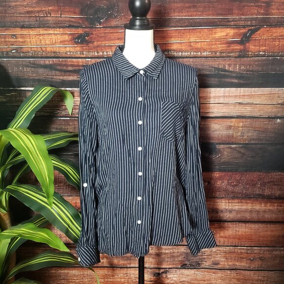 Tommy Hilfiger Large Top Blouse Navy Blue Striped Flowy Rayon Roll Tab Cuffs - Picture 7 of 9